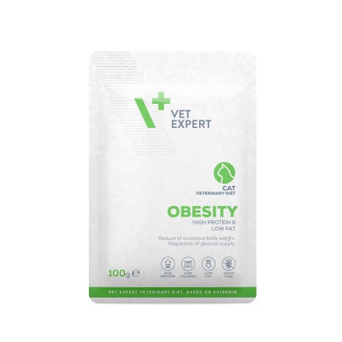 4T Vet Diet Obesity Cat Saszetka 100g, Redukcja Wagi, Niskotłuszczowa, Wysokobiałkowa, Zwiększona Zawartość Włókien Wspierających Motorykę Układu Pokarmowego! Nowość!