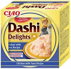 Inaba Dashi Delights Delikatny Filet z Piersi Kurczaka Z Tuńczykiem W Tradycyjnym Japońskim Bulionie Rybnym Dashi 70g! Odżywcza I Pobudzająca Apetyt Receptura Bulionu! Nowość!   