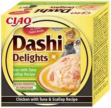 Inaba Dashi Delights Delikatny Filet z Piersi Kurczaka Z Tuńczykiem I Przegrzebkami W Tradycyjnym Japońskim Bulionie Rybnym Dashi 70g! Odżywcza I Pobudzająca Apetyt Receptura Bulionu! Nowość!    