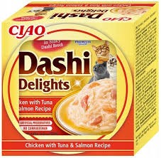 Inaba Dashi Delights Delikatny Filet z Piersi Kurczaka Z Łososiem W Tradycyjnym Japońskim Bulionie Rybnym Dashi 70g! Odżywcza I Pobudzająca Apetyt Receptura Bulionu! Nowość!    