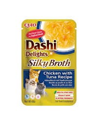 Inaba Dashi Delights Silky Broth Delikatny Filet z Piersi Kurczaka I Tuńczyk W Tradycyjnym Japońskim Bulionie Rybnym Dashi 40g! Odżywcza I Pobudzająca Apetyt Receptura Bulionu! Dodatek Ekstraktu Z Zielonej Herbaty! Nowość! 