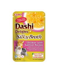 Inaba Dashi Delights Silky Broth Delikatny Filet z Piersi Kurczaka I Łosoś W Tradycyjnym Japońskim Bulionie Rybnym Dashi 40g! Odżywcza I Pobudzająca Apetyt Receptura Bulionu! Dodatek Ekstraktu Z Zielonej Herbaty! Nowość!  