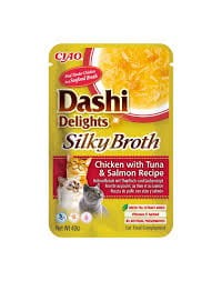 Inaba Dashi Delights Silky Broth Delikatny Filet z Piersi Kurczaka Z Tuńczykiem I Łososiem W Tradycyjnym Japońskim Bulionie Rybnym Dashi 40g! Odżywcza I Pobudzająca Apetyt Receptura Bulionu! Dodatek Ekstraktu Z Zielonej Herbaty! Nowość!  