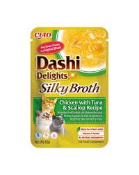 Inaba Dashi Delights Silky Broth Delikatny Filet z Piersi Kurczaka Z Tuńczykiem I Przegrzebkami W Tradycyjnym Japońskim Bulionie Rybnym Dashi 40g! Odżywcza I Pobudzająca Apetyt Receptura Bulionu! Dodatek Ekstraktu Z Zielonej Herbaty! Nowość!   