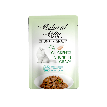 Pettric Natural Kitty Kurczak Z Nutą Tuńczyka 85g! Kawałeczki W Sosie! Dodatek Prebiotyków Dla Zdrowych Jelit! Nowość! 
