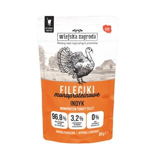 Wiejska Zagroda Monoproteinowe Pełnowartościowe Fileciki Indyka W Sosie 85g!  Dodatek Oleju Z Łososia i Żurawiny! Nowość!
