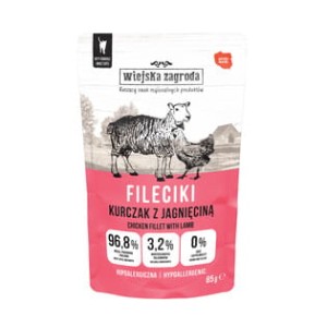 Wiejska Zagroda Pełnowartościowe Fileciki Kurczaka Z Jagnięciną W Sosie 85g!  Dodatek Oleju Z Łososia i Żurawiny! Nowość!  