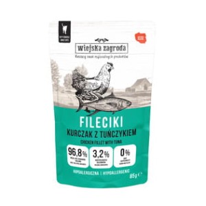 Wiejska Zagroda Pełnowartościowe Fileciki Kurczaka Z Tuńczykiem W Sosie 85g!  Dodatek Oleju Z Łososia i Żurawiny! Nowość!   