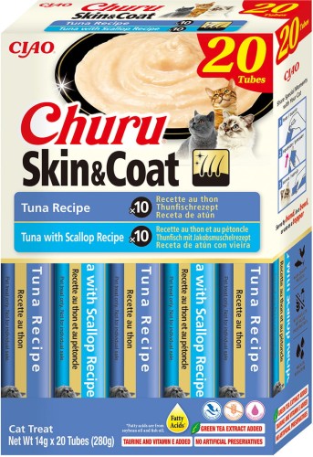 Inaba Churu Creamy Treat Skin & Coat Tuna Variety 20 x 14g, 10 x Czysty Tuńczyk I 10 x Tuńczyk Z Przegrzebkami! Z Dodatkiem Zielonej Herbaty, Tauryny, Witaminy E Oraz Kwasów Tłuszczowych Dla Zdrowej Skóry I Pięknej Sierści!  Nowość!