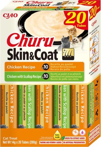 Inaba Churu Creamy Treat Skin & Coat  Chicken Variety 20 x 14g, 10 x Czysty Kurczak I 10 x Kurczak Z Przegrzebkami! Z Dodatkiem Zielonej Herbaty, Tauryny, Witaminy E Oraz Kwasów Tłuszczowych Dla Zdrowej Skóry I Pięknej Sierści! Nowość! 
