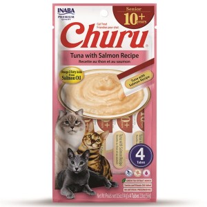 Inaba Churu Creamy Treat SENIOR 10+ Tuńczyk I Łosoś 4x14g! Kremowy Niskokaloryczny Przysmak Z Dodatkiem Ekstraktu Z Zielonej Herbaty, Tauryny, Witaminy E I Kwasów Omega - 3 Specjalnie Dla Starszych Kotów! Doskonałe Wsparcie Nawodnienia! Nowość!  