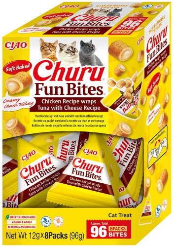 Inaba Churu FUN Bites Kurczak I Tuńczyk Z Serem 96g! Miękkie Kawałki Pieczonego Kurczaka Z Kremowym Nadzieniem Z Kurczaka Z Tuńczyka Z Serem! 8 Oddzielnych Paczuszek Przysmaków W Opakowaniu! Wilgotne I Niskokaloryczne! Nowość!  