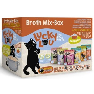Lucky Lou Extrafood Broth Mix Box W Bulionie 12 x 70g, Zamiennik Wcześniejszych Puszeczek! Saszetka Z Okienkiem! 12 Saszetek W 6 Różnych Smakach! Delikatne Fileciki W Bulionie! Nowość! 