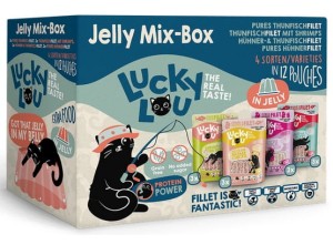 Lucky Lou Extrafood Jelly Mix Box W Miękkiej Galaretce 12 x 70g, Zamiennik Wcześniejszych Puszeczek! Saszetka Z Okienkiem! 12 Saszetek W 4 Różnych Smakach! Delikatne Fileciki W Bulionie! Nowość!  