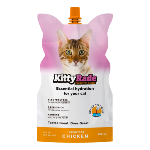 KittyRade Napój Izotoniczny Dla Kota Z Dodatkiem Prebiotyków Oraz Tauryny O Smaku Kurczaka 250 ml! Wsparcie Poziomu Nawodnienia I Zdrowych Jelit! Gotowy Do Użycia! Nowość! 