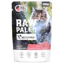Vet-Expert Raw Paleo Sterilised Wieprzowina 100g, Monoproteinowa! Wysoka Zawartość Tauryny! Dodatek L-Karnityny Oraz DL-Metioniny! Nowość! 