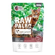 Vet-Expert Raw Paleo Sterilised Tuńczyk 100g, Monoproteinowy! Wysoka Zawartość Tauryny! Dodatek L-Karnityny Oraz DL-Metioniny! Nowość!  