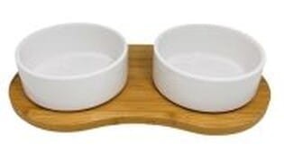YARRO Dwie Białe Miski Ceramiczne Dla Kota Na Drewnianej Podstawce, 2 x 13 x 5 cm! Nowość!