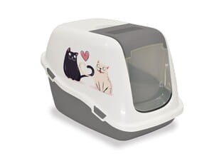 Yarro Ella Style Kryta Kuweta Toaleta Dla Kotów Z Filtrem I Podnoszoną Górą 57 x 39 x 41cm, Kolor Szary/Biały! Wzór Koty I Serce! Wygodne Sprzątanie I Kontrola Nieprzyjemnych Zapachów! Nowość!  