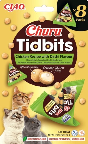 Inaba Churu Tidbits Kurczak z Nutą Bulionu Dashi 8x12g! Miękkie Przysmaki Dla Kota! Niewielkie Kuleczki Z Kremowym Nadzieniem W Środku! Wygodne Opakowania! Nowość! 