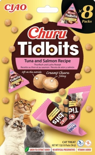Inaba Churu Tidbits Dziki Tuńczyk Z Łososiem 8x12g! Miękkie Przysmaki Dla Kota! Niewielkie Kuleczki Z Kremowym Nadzieniem W Środku! Wygodne Opakowania! Nowość!   