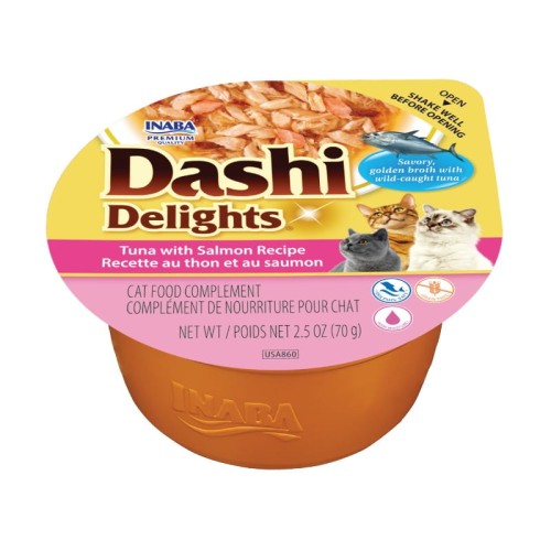 Inaba Dashi Delights Filet Z Tuńczyka Z Łososiem W Tradycyjnym Japońskim Bulionie Rybnym Dashi 70g! Odżywcza I Pobudzająca Apetyt Receptura Bulionu! Nowa Seria Smaków Z Tuńczykiem!  