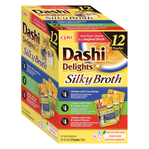 Inaba Dashi Delights Silky Broth Tuna Variety Zestaw 12 x 40g, 3 Smaki Z Filecikami Z Kurczaka I Tuńczyka W Tradycyjnym Japońskim Bulionie Rybnym Dashi! Odżywcza I Pobudzająca Apetyt Receptura Bulionu! Dodatek Ekstraktu Z Zielonej Herbaty! Nowość!  
