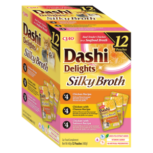 Inaba Dashi Delights Silky Broth Chicken Variety Zestaw 12 x 40g, 3 Smaki Z Filecikami Z Kurczaka W Tradycyjnym Japońskim Bulionie Rybnym Dashi! Odżywcza I Pobudzająca Apetyt Receptura Bulionu! Dodatek Ekstraktu Z Zielonej Herbaty! Nowość!   