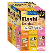 Inaba Dashi Delights Delicates Flakes Zestaw 12 x 40g, 3 Smaki Z Delikatnymi Płatkami Z Kurczaka W Tradycyjnym Japońskim Bulionie Rybnym Dashi! Odżywcza I Pobudzająca Apetyt Receptura Bulionu! Dodatek Ekstraktu Z Zielonej Herbaty! Nowość!   