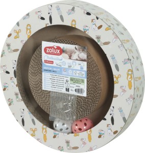 Zolux Chatouille Drapak Zabawka Kartonowa Okrągła z Kocimiętką I 2 Piłeczkami Z Dzwonkiem! 30 x 5 cm Wzór Kolorowe Koty I Myszki! Nowość!