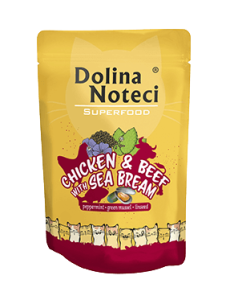 Dolina Noteci SuperFood Kurczak i Wołowina z Doradą 85 g, Cenne Dodatki! Omułek Nowozelandzki, Siemię Lniane, Spirulina, Mięta Pieprzowa I Kozieradka!