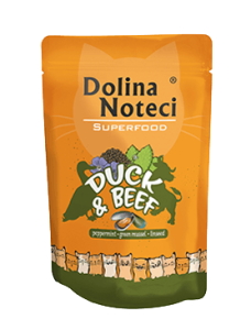 Dolina Noteci Superfood Kaczka i Wołowina 85 g, Dodatek Mięty Pieprzowej, Omułka Nowozelandzkiego i Siemienia Lnianego! Zdrowe Stawy i Układ Pokarmowy, Piękna Sierść!