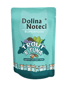 Dolina Noteci SuperFood Pstrąg i Tuńczyk 85 g, Kompletne Wsparcie Zdrowia! Omułek Nowozelandzki, Spirulina, Siemię Lniane, Mięta Pieprzowa I Nasiona Kozieradki!