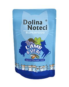 Dolina Noteci SuperFood Jagnięcina i Cielęcina 85 g, Z Dodatkiem Mięty Pieprzowej, Omułka Nowozelandzkiego Oraz Siemienia Lnianego!
