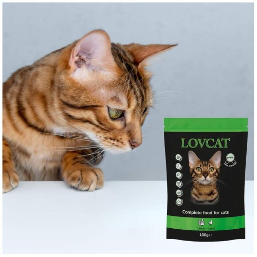 LOVCAT Indyk z Gęsią Saszetka 100 g , Bardzo Duża Dawka Tauryny! Dodatek DL-Metioniny Zakwaszającej Mocz!    