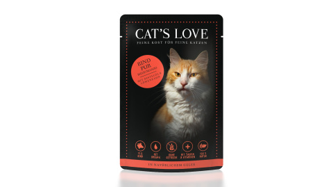 Cat's Love Czysta Wołowina W Naturalnej Galaretce 85g! Aż 71% Wołowiny! Dodatek Oleju Z Krokosza Bogatego W Kwasy Omega Oraz Mniszka Lekarskiego, Który Wspiera Pracę Żołądka! Duży Dodatek Tauryny! 