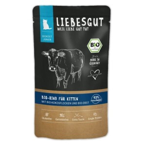 Liebesgut Cat JUNIOR BIO 100g, Ekologiczny Wołowina Z Dodatkiem Ekologicznych Jabłek I Płatków Kokosowych! Monobiałkowa! Aż 93,5% Ekologicznej Wołowiny! Certyfikowane Składniki I Wysoka Smakowitość! Nowość! 