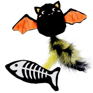 Nobby Halloweenowy Zestaw Zabawek Dla Kota Pluszowy Nietoperz Z Piórkami I Rybka Szkielet! Obie Zabawki Z Kocimiętką! Nowość!
