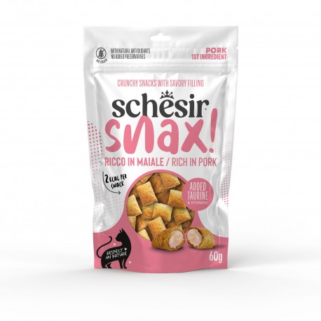 Schesir Snax! Chrupiące Poduszeczki Z Kremowym Nadzieniem Wieprzowina 60g! Bez Zbóż, Z Dodatkiem Tauryny I Witamin, 1 Przysmak To Tylko 2kcal! Nowość!   