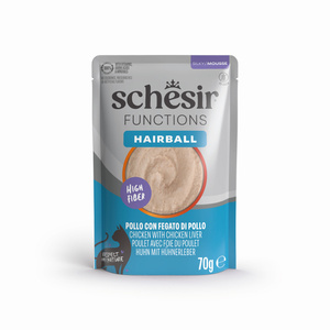 Schesir Functions Hairball Mus Z Kurczaka Z Wątróbką Z Kurczaka 70g! Pełnoporcjowa Karma Wspierająca Działanie Pozbywanie Się Kul Włosowych! Dodatek Babki Płesznik I Dyni Kabocha! Bardzo Delikatna Kremowa Konsystencja! Nowość! 